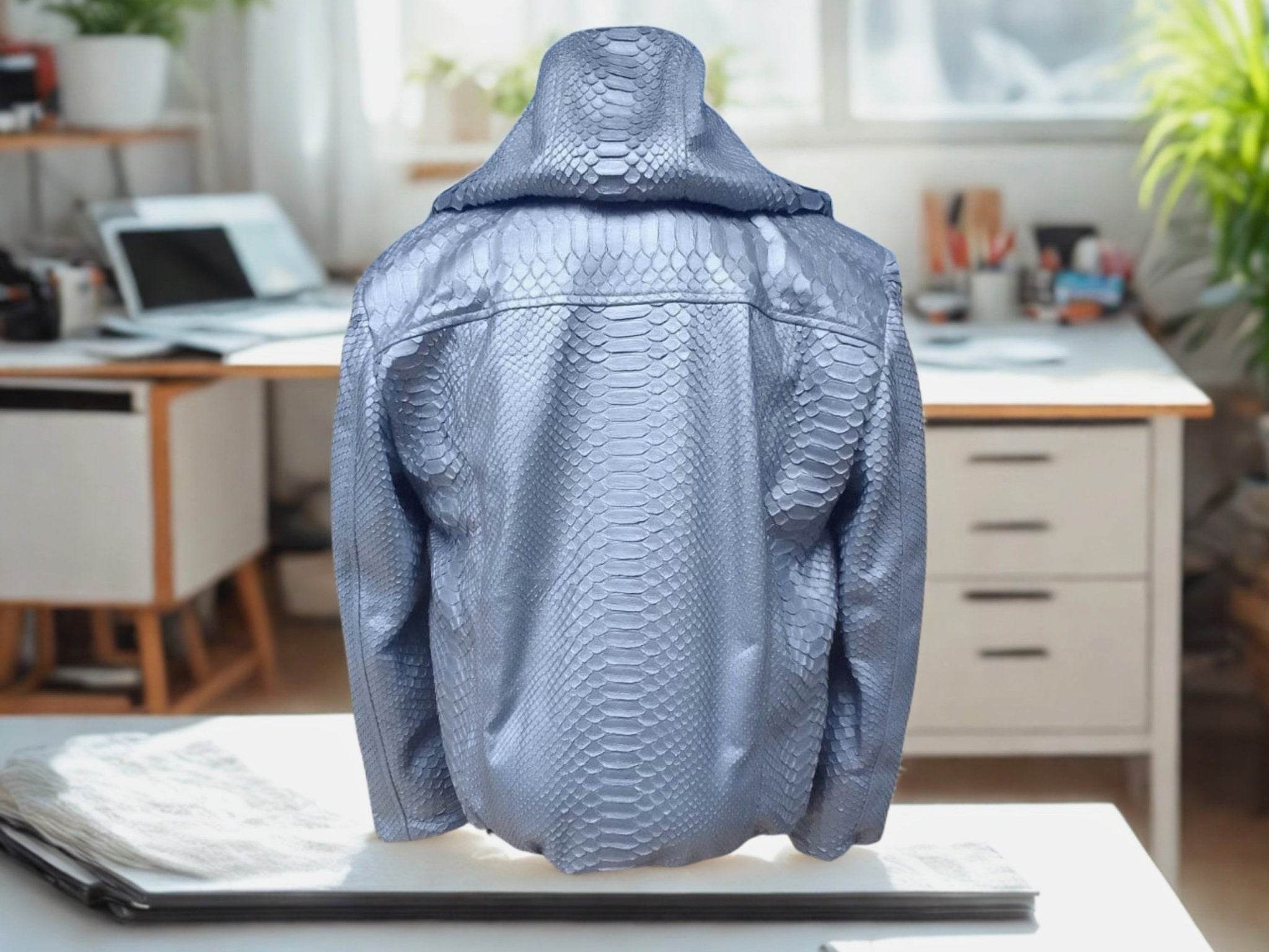Light blue snakeskin-pattern zip-up hoodie jacket, hooded with ribbed cuffs.