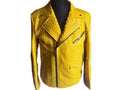 Yellow snakeskin-texture jacket on mannequin with asymmetrical front zipper and chest zip detail