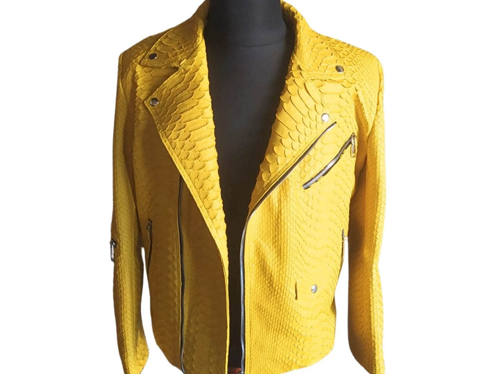 Yellow snakeskin-texture jacket with notch lapel and asymmetrical front zipper
