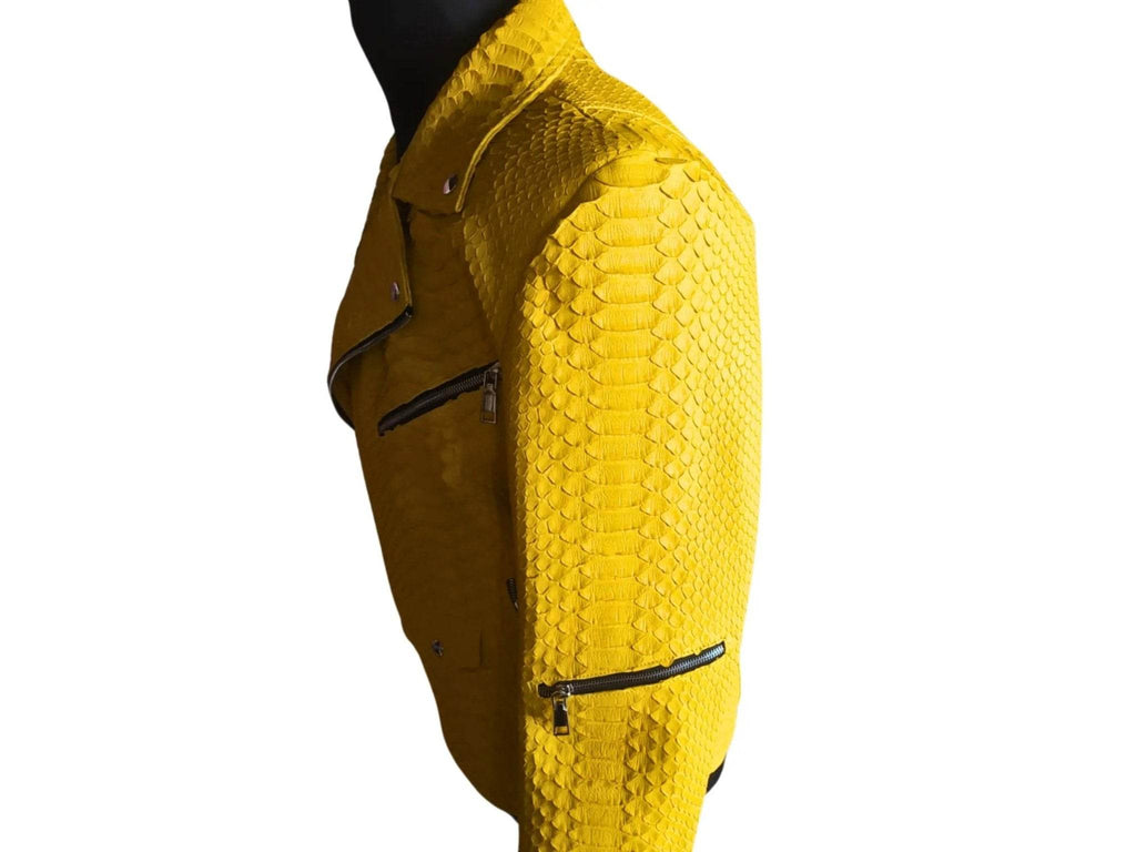 Yellow snakeskin-texture jacket side view with small zip and trim details