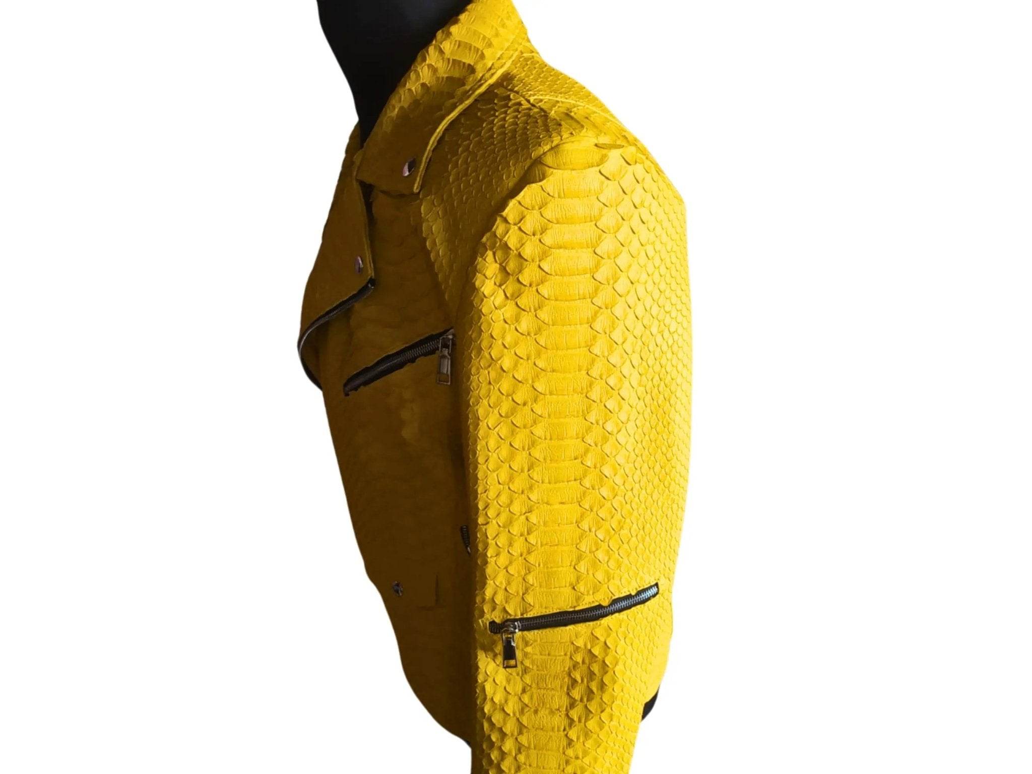 Yellow snakeskin-texture jacket side view with small zip and trim details