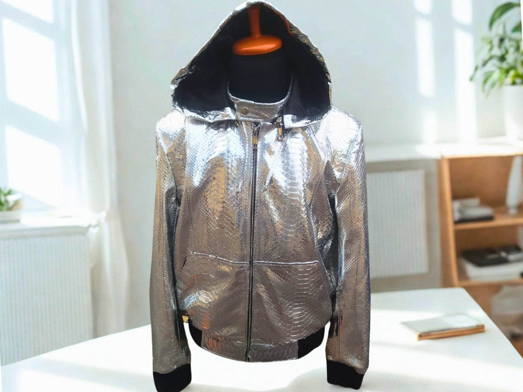 Snakeskin-style hooded leather jacket in silver with black trim and front zipper