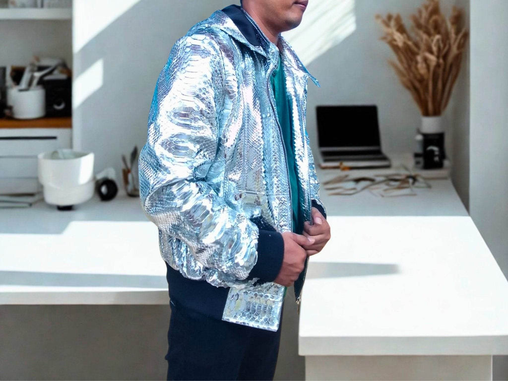Man wearing snakeskin-style hooded leather jacket, silver with black sleeve cuffs