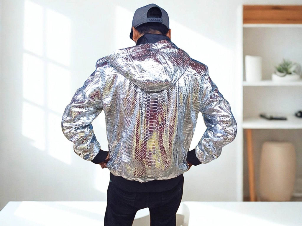 Snakeskin-style hooded leather jacket, silver patterned back with attached hood and zipper