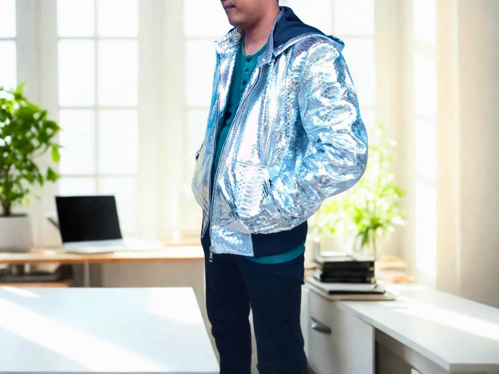 Man wearing snakeskin-style hooded leather jacket, silver shimmer with zip front