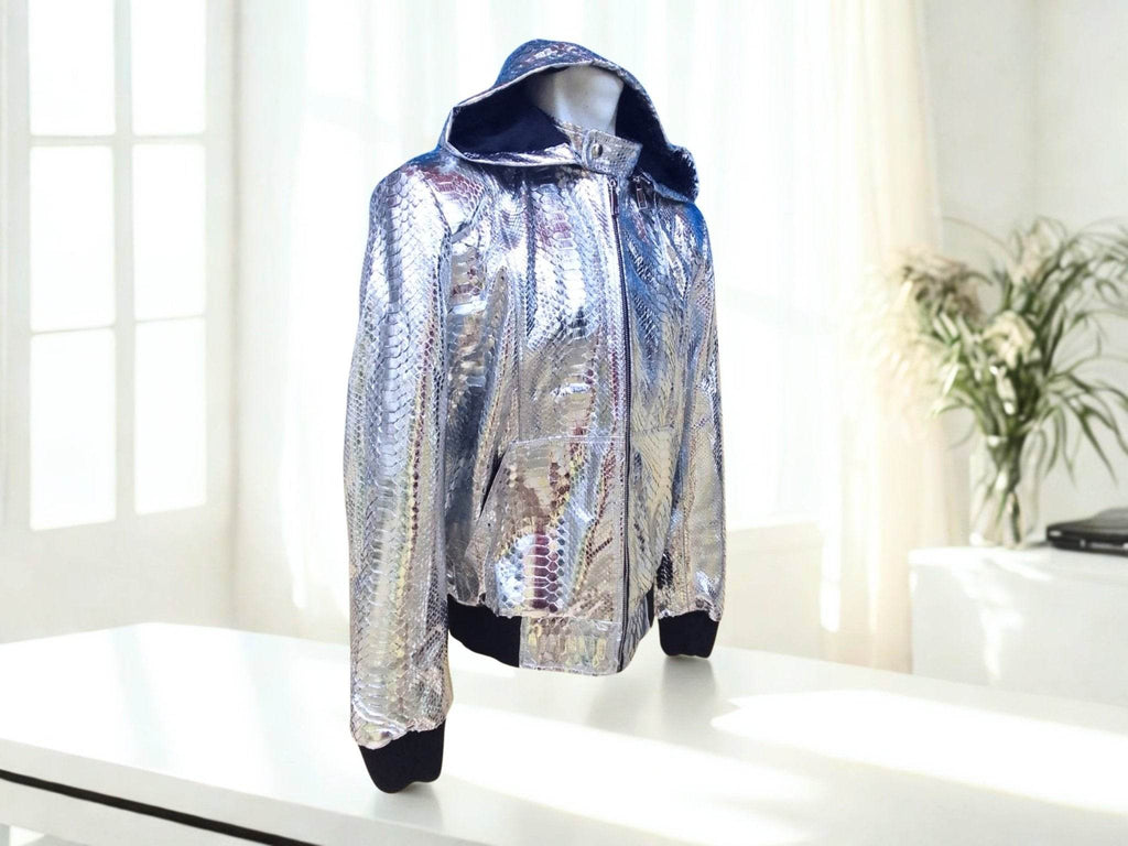 Snakeskin-style hooded leather jacket on model, silver patterned hood and zip front