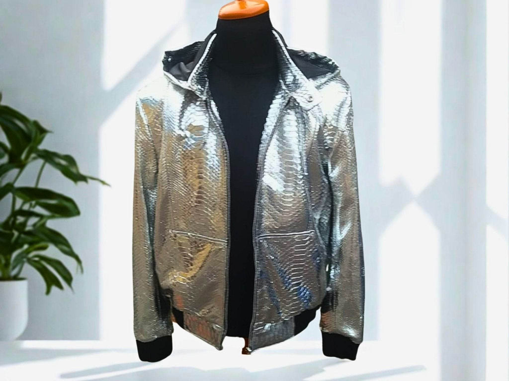 Snakeskin-style hooded leather jacket with silver shimmer, black lining, and zip front
