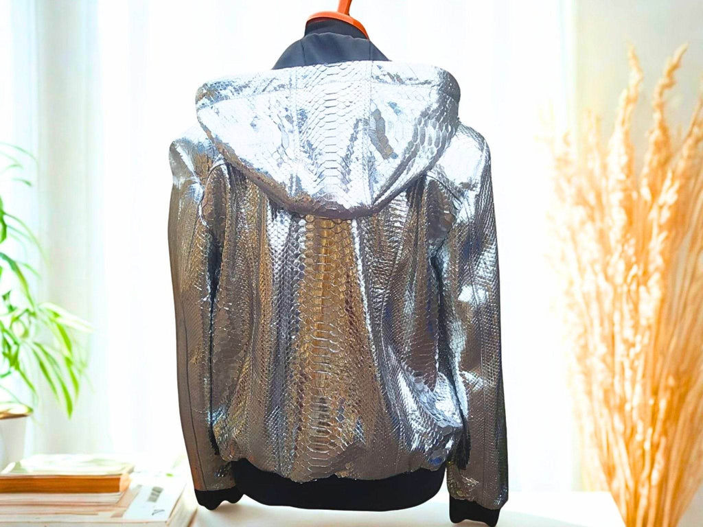 Snakeskin-style hooded leather jacket with silver patterned back and black hood lining