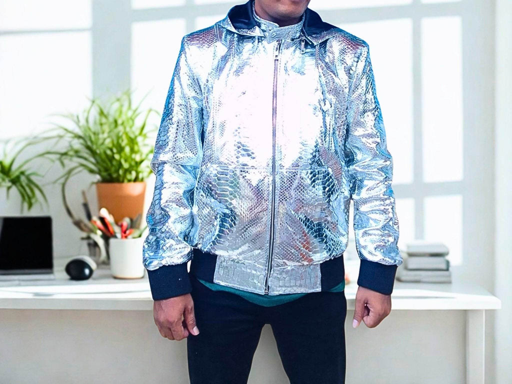 Snakeskin-style hooded leather jacket on model, silver textured fabric with zip front