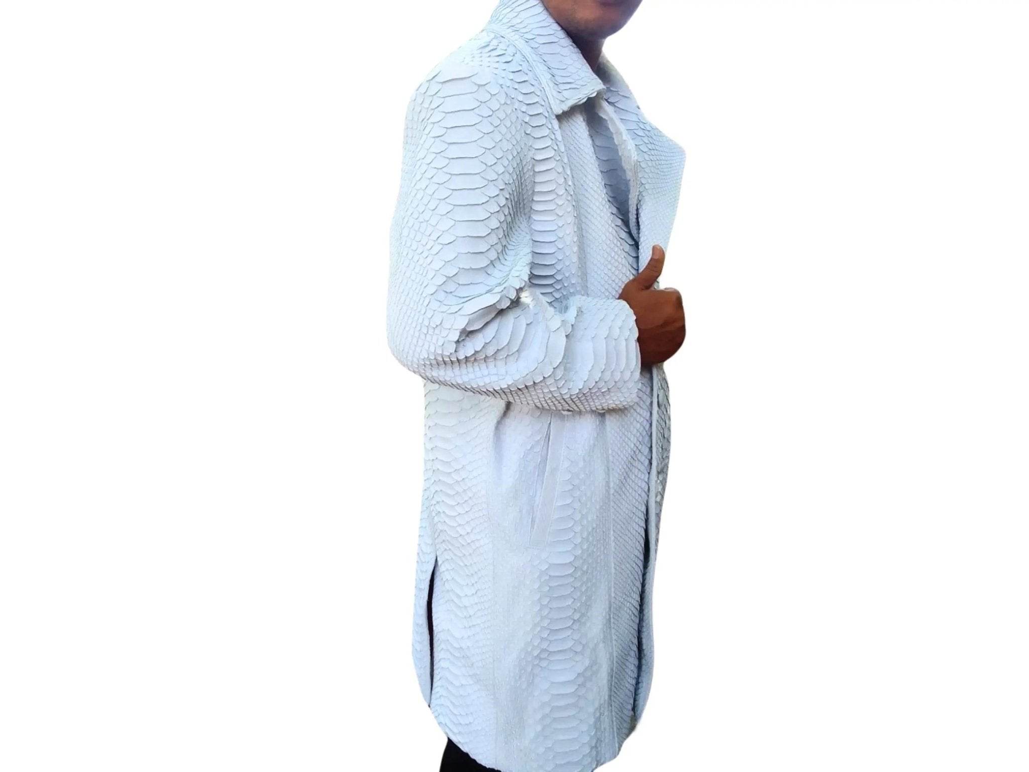 Light blue snakeskin-texture peacoat jacket side view with buttoned sleeve and hem