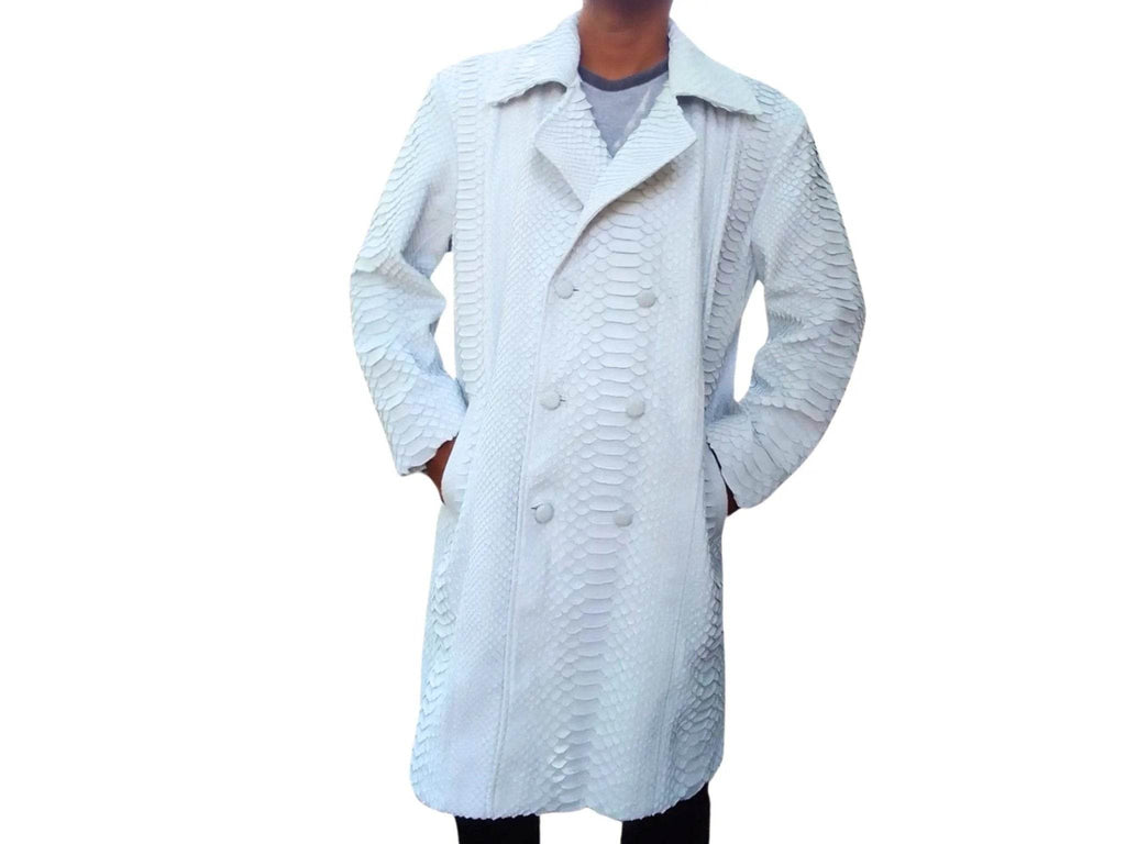 Light blue snakeskin-texture peacoat jacket front view with peaked collar and buttons