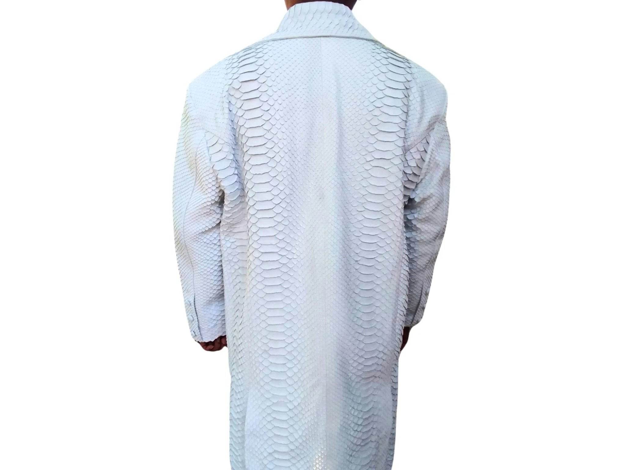 Light blue snakeskin-texture peacoat jacket back view with full buttoned seams