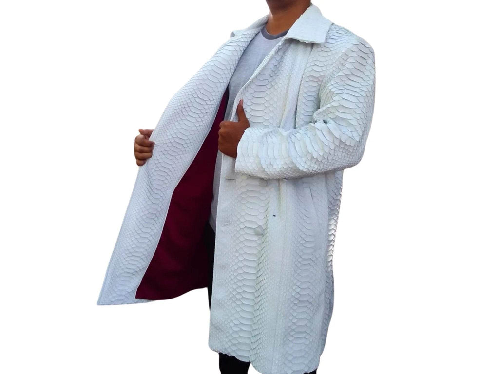Light blue snakeskin-texture peacoat jacket front view with burgundy interior lining