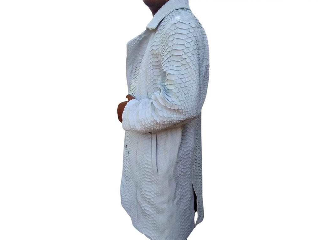 Light blue snakeskin-texture peacoat jacket back/side view with buttoned cuffs