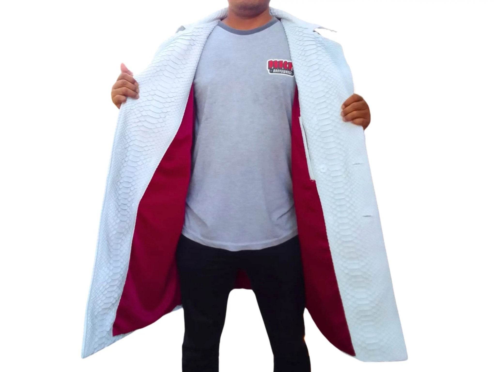 Light blue snakeskin-texture peacoat jacket with button front and burgundy lining