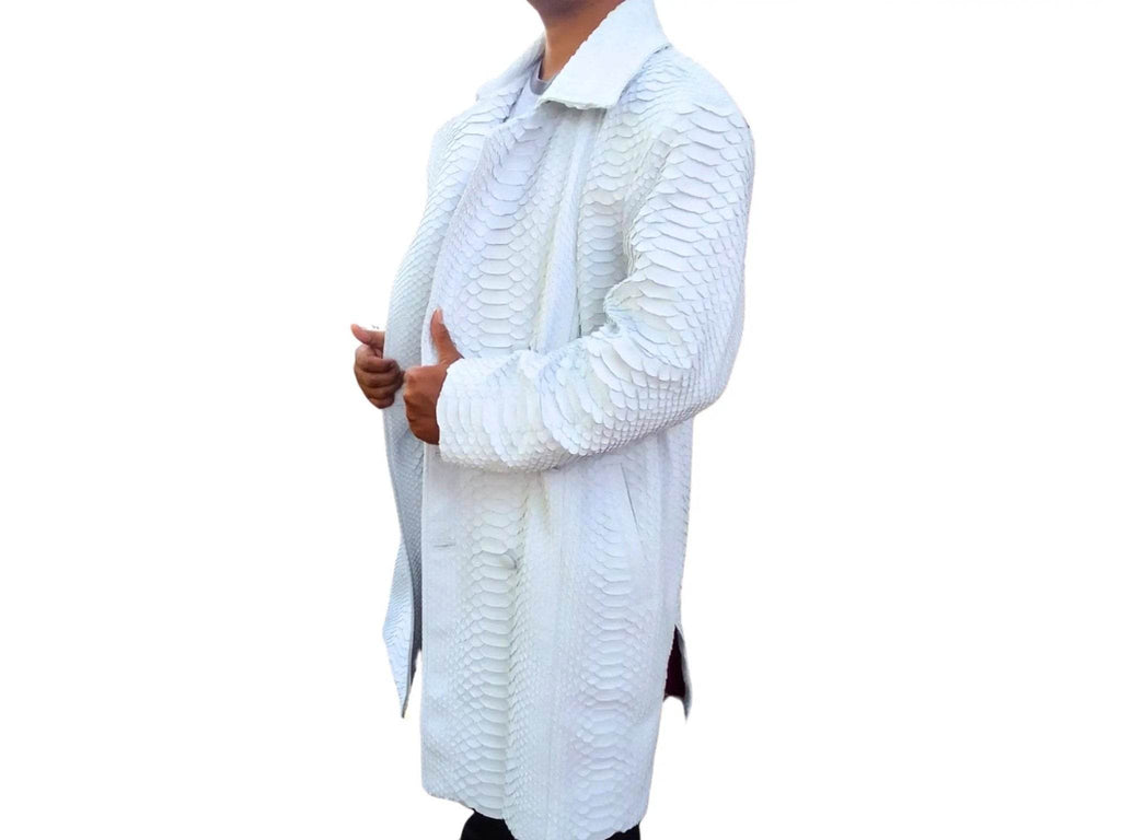 Light blue snakeskin-texture peacoat jacket side view with flap pockets and buttons