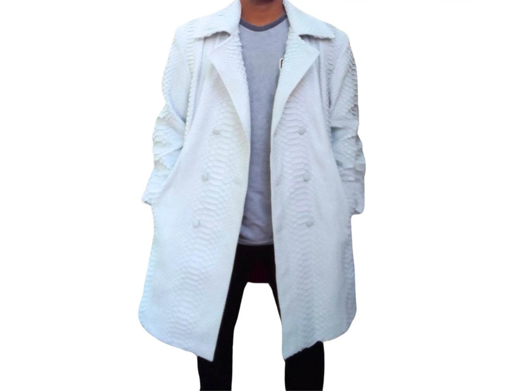 Light blue snakeskin-texture peacoat jacket with wide lapels and double-breasted buttons