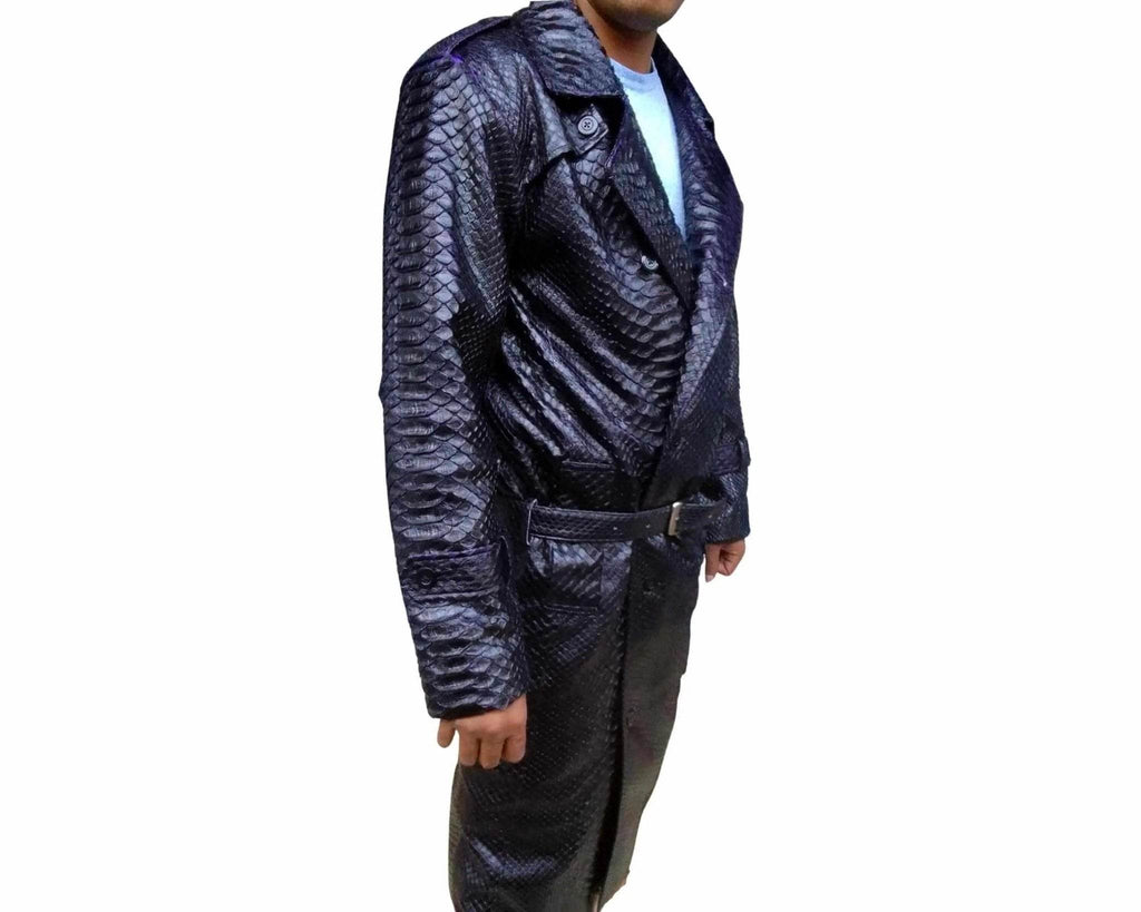 Snakeskin trench coat, dark blue textured finish, side drape, belted waist.