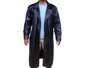 Snakeskin trench coat in dark blue with notched collar and belted waist, long length.