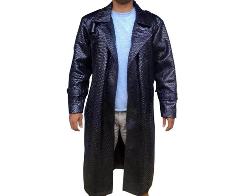 Snakeskin trench coat in dark blue with notched collar and belted waist, long length.