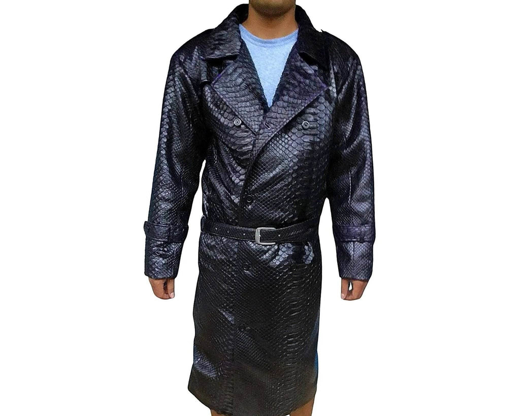 Snakeskin trench coat in dark blue, belted waist, notched collar, button front.