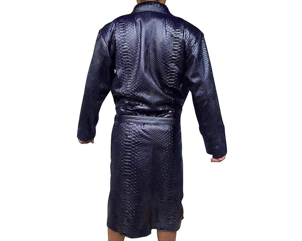 Snakeskin trench coat back view in dark blue, belted waist, textured scale pattern.