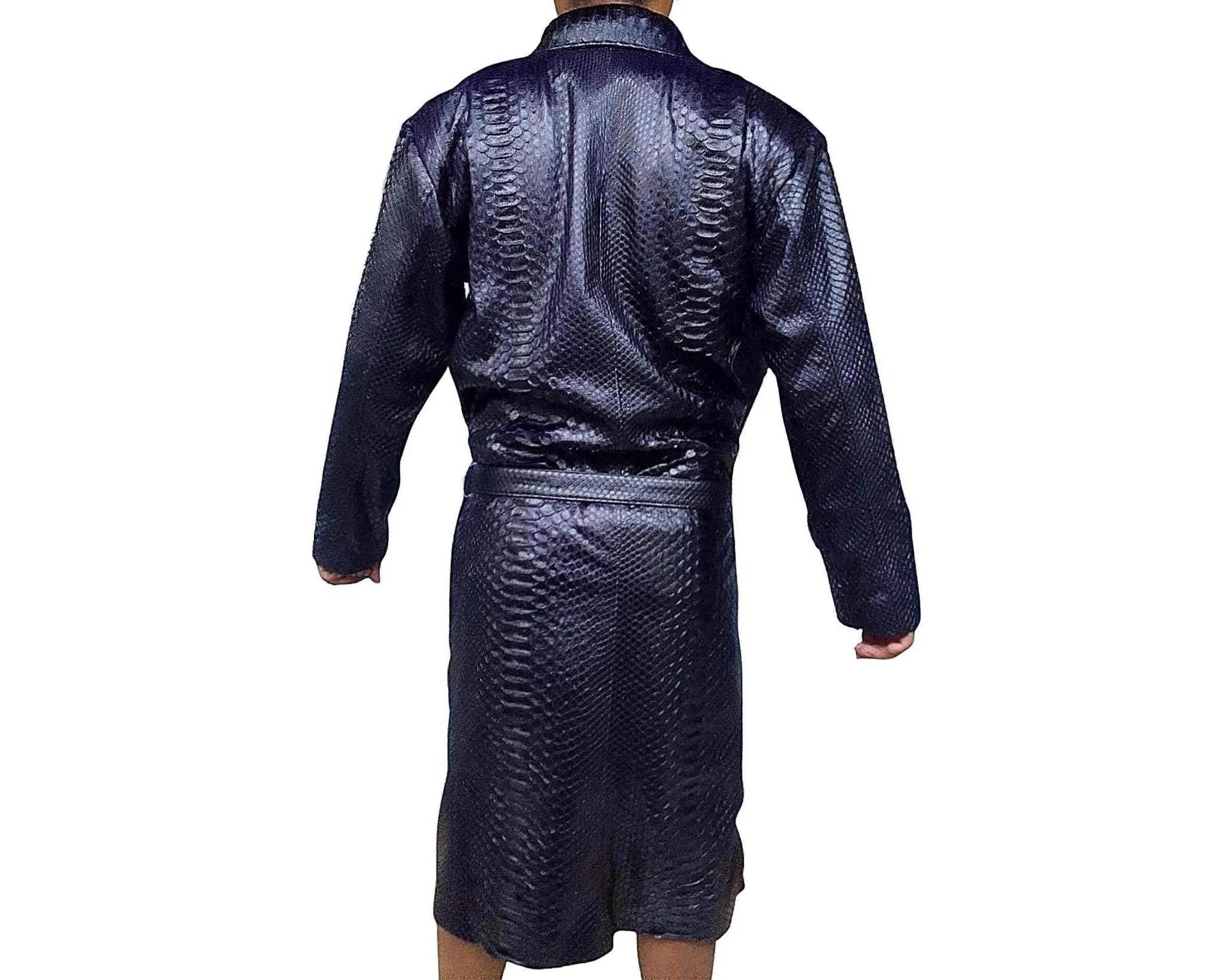 Snakeskin trench coat back view in dark blue, belted waist, textured scale pattern.