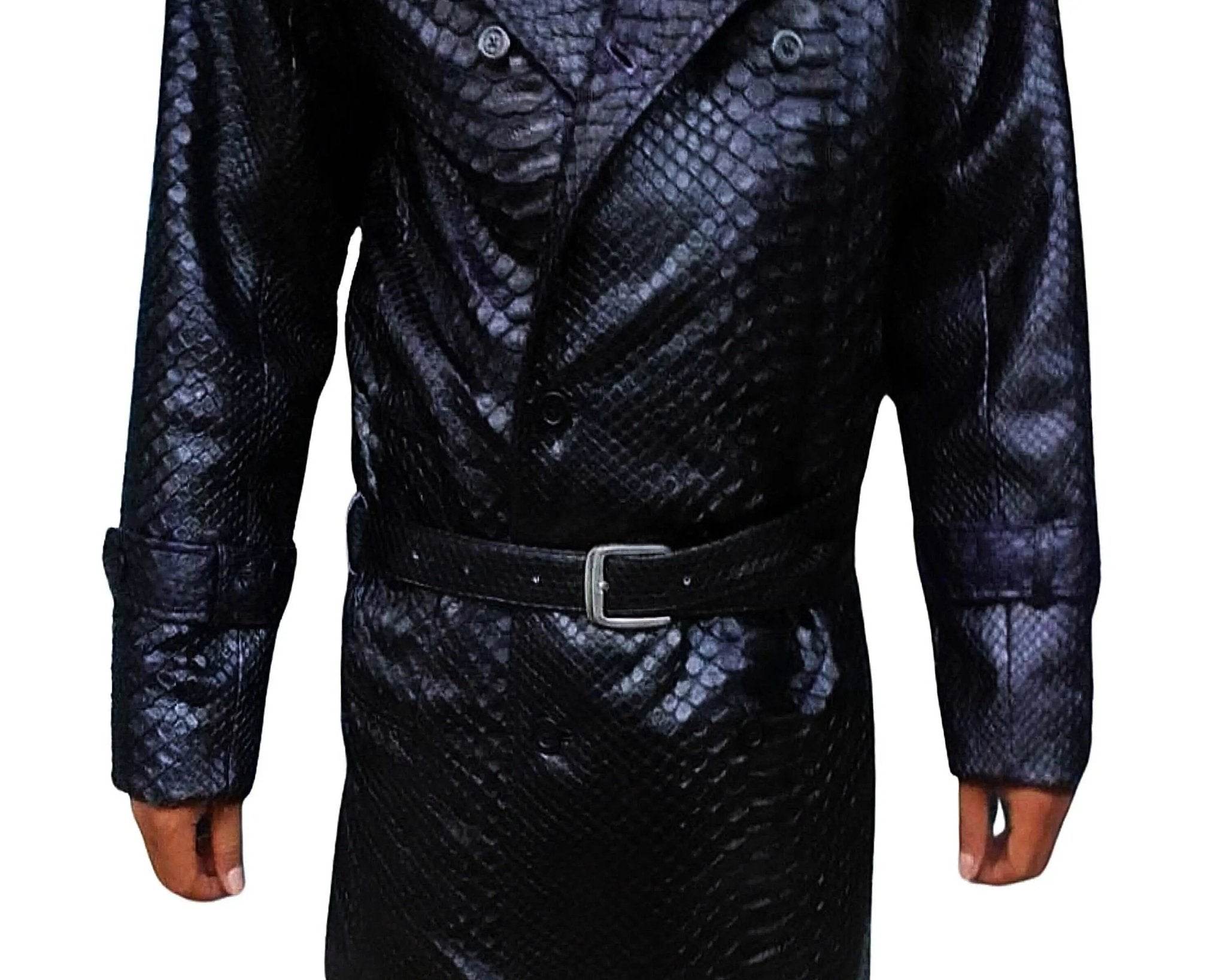 Snakeskin trench coat detail: dark blue patterned fabric, button collar, and waist belt.