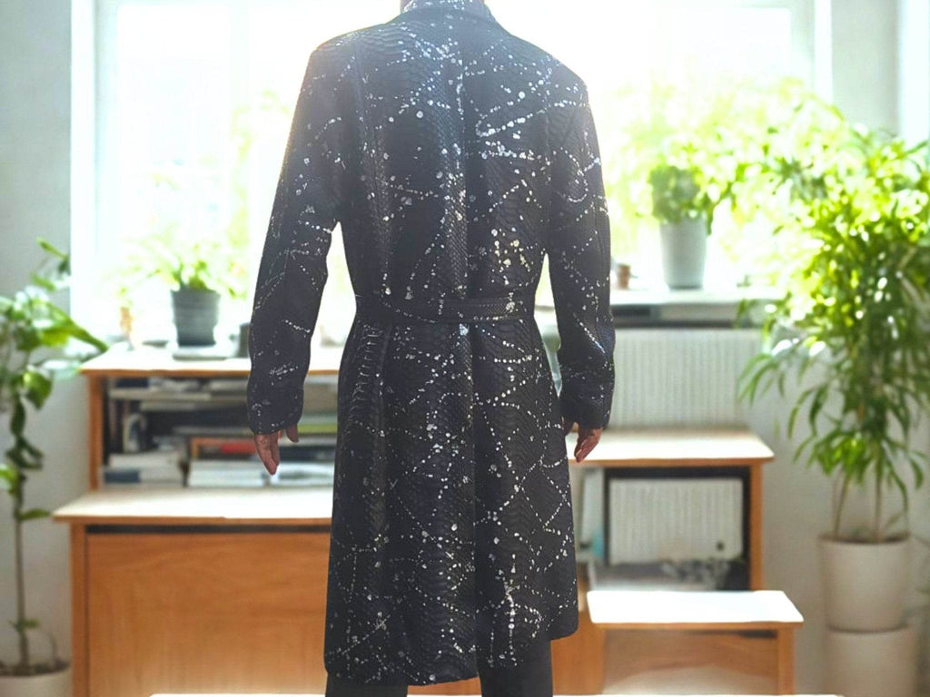 Dark long winter coat with abstract snakeskin pattern, button front and straight hem