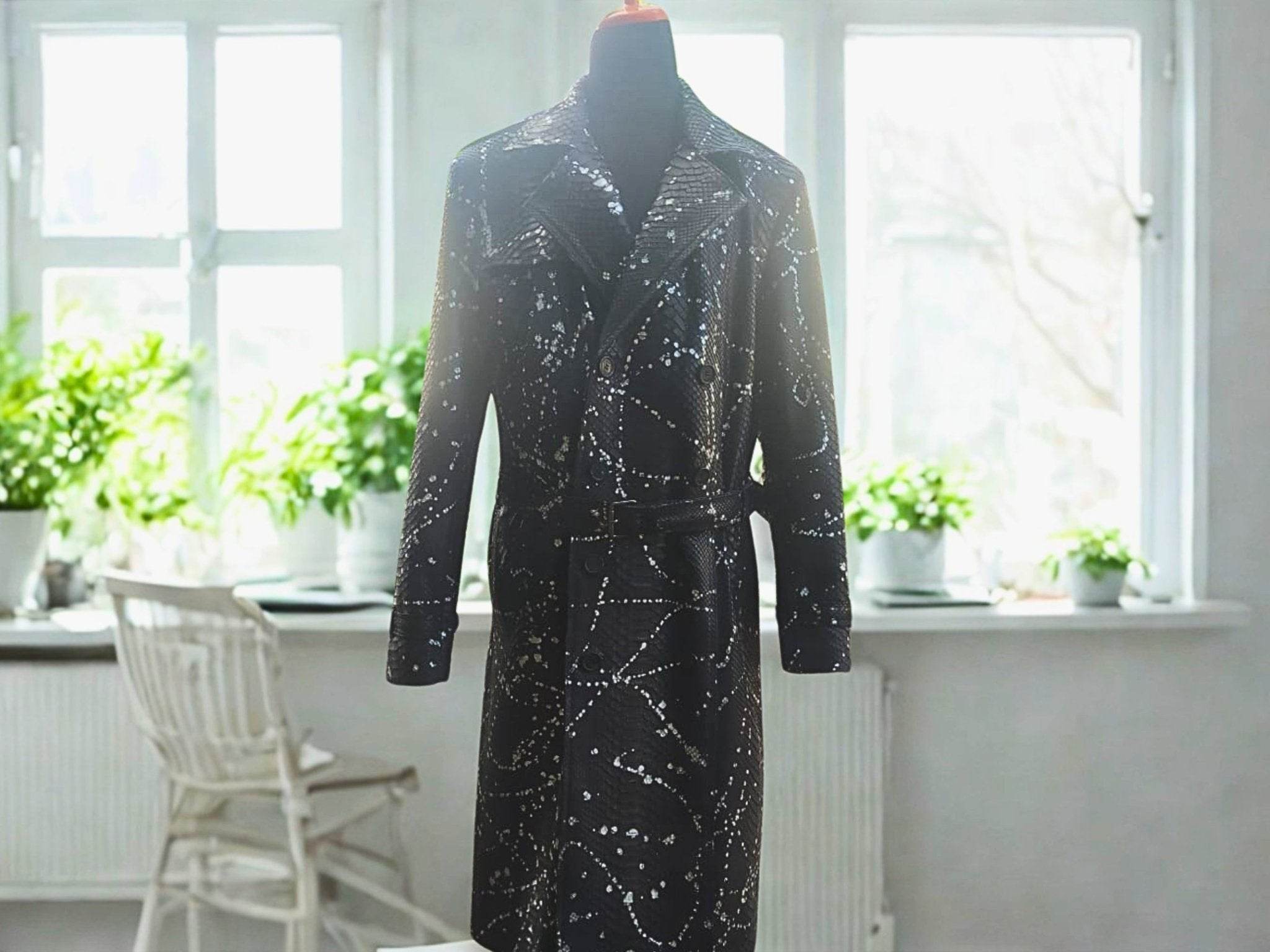 Dark long coat with snakeskin-inspired pattern, front view, button placket and collar