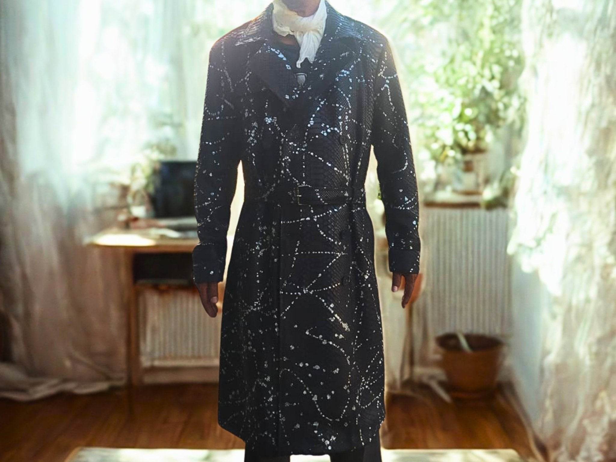 Long dark winter coat with speckled snakeskin-like pattern, front placket and mid-thigh hem