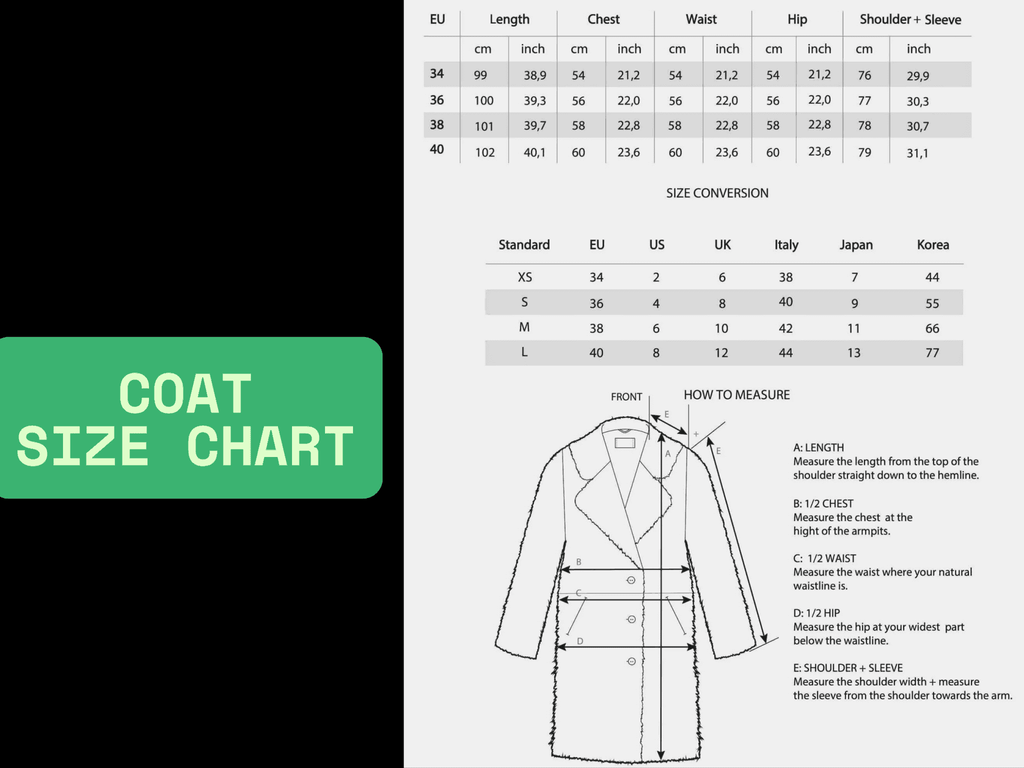 Coat size chart with EU, US, UK sizing and how-to-measure shoulder diagram