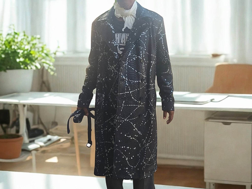 Dark long coat with snakeskin-like pattern and waist belt tie, front view