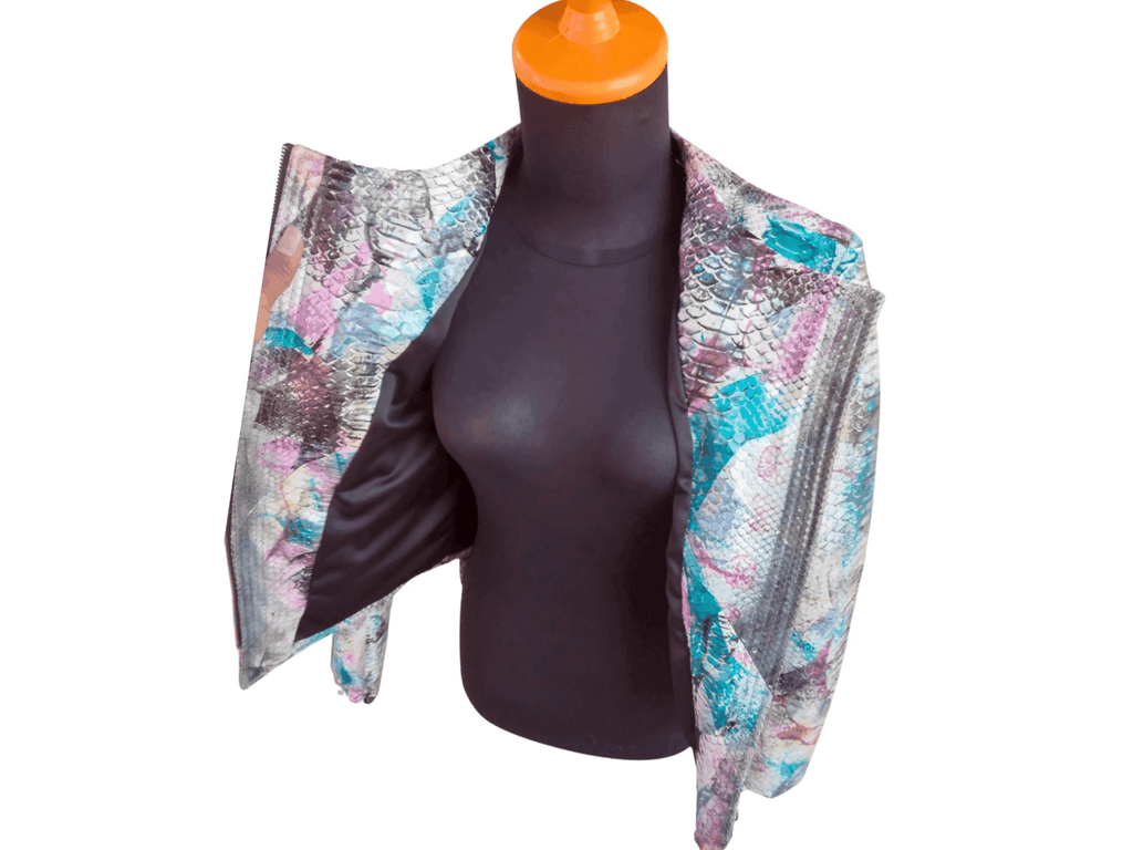 Snakeskin leather jacket with open sleeves and stand collar