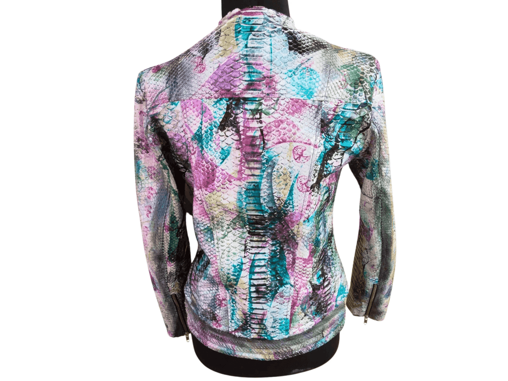 Tie-dye snakeskin leather jacket, back view with stand collar