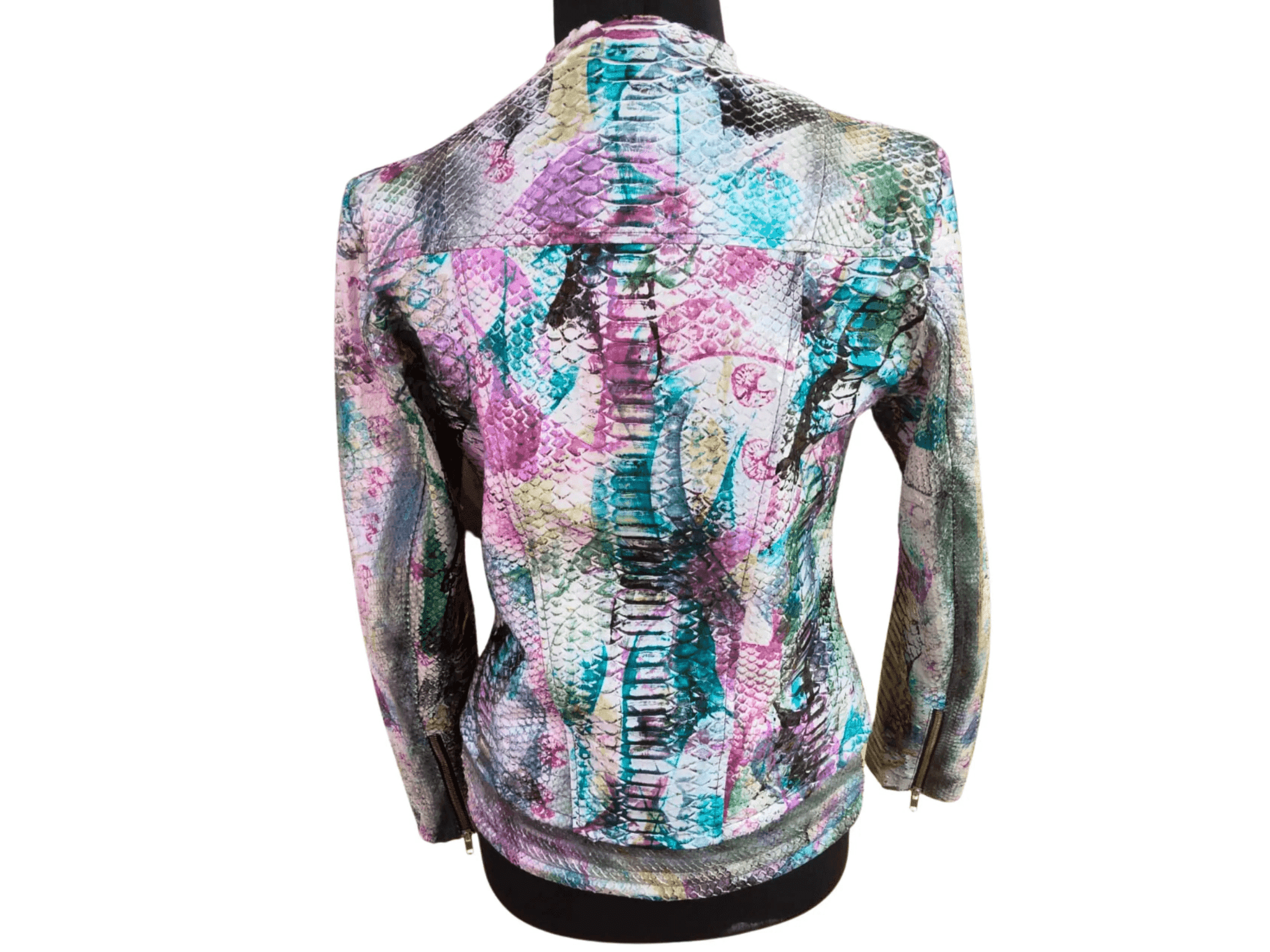 Tie-dye snakeskin leather jacket, back view with stand collar