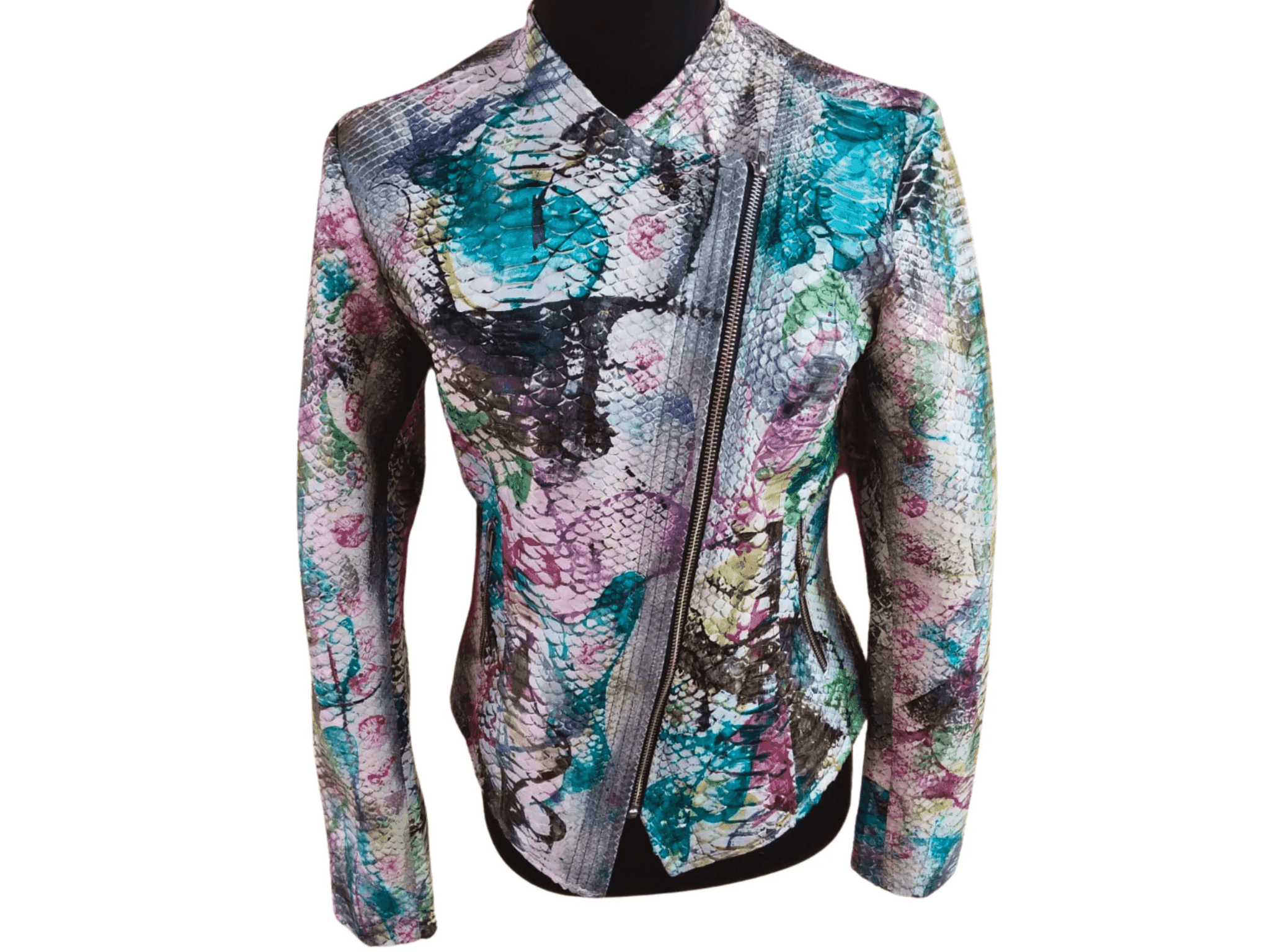 Tie-dye snakeskin leather jacket with front zipper and stand collar