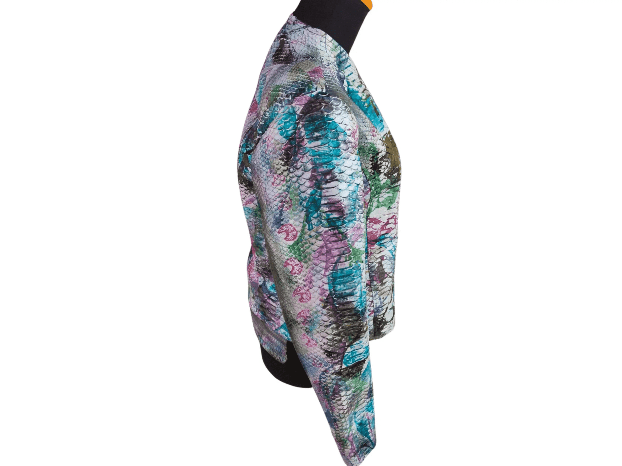 Tie-dye snakeskin leather jacket, side view with zippered closure