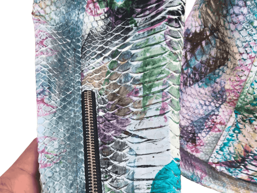 Snakeskin-pattern leather jacket with visible front zipper detail