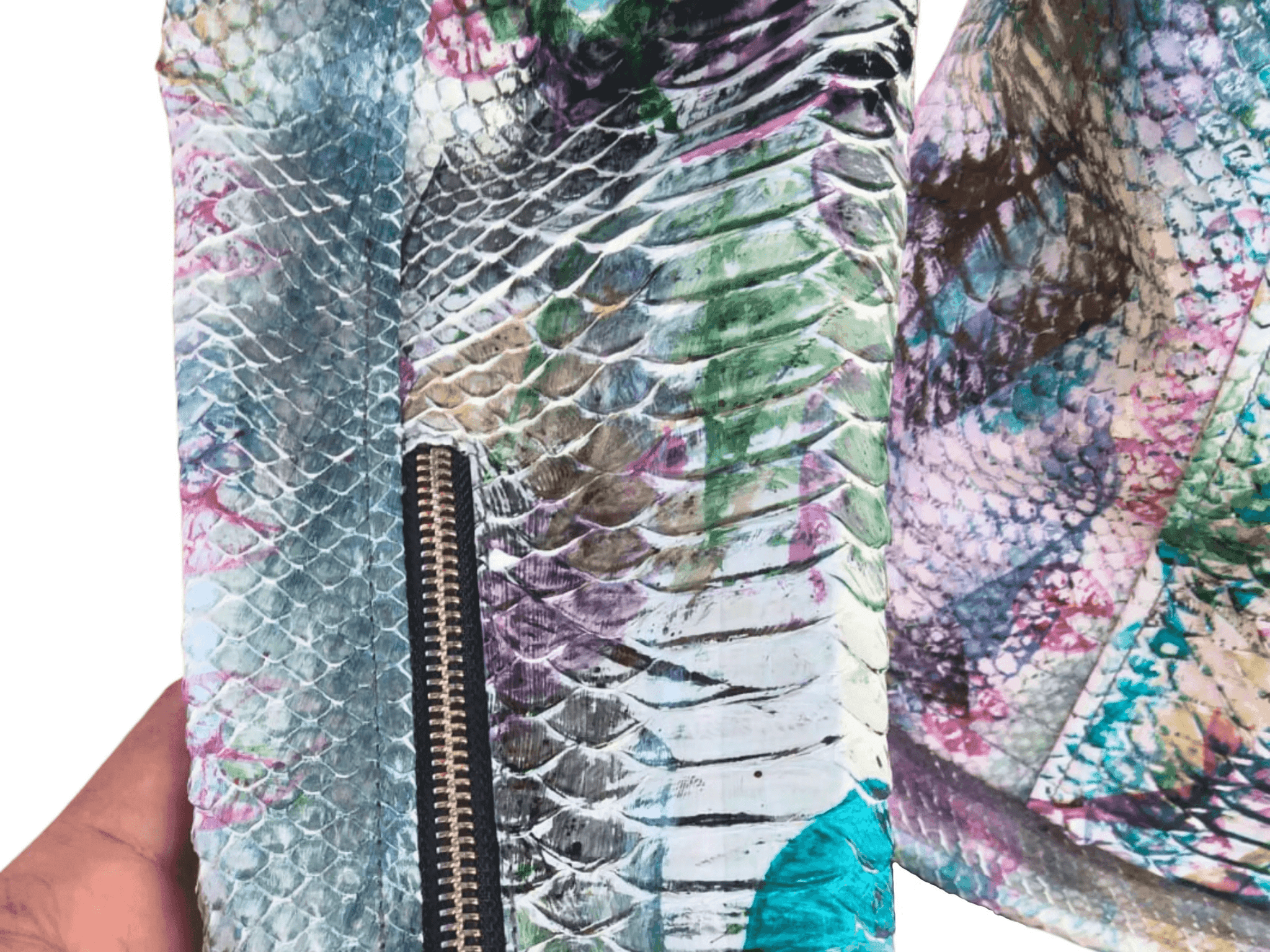 Snakeskin-pattern leather jacket with visible front zipper detail