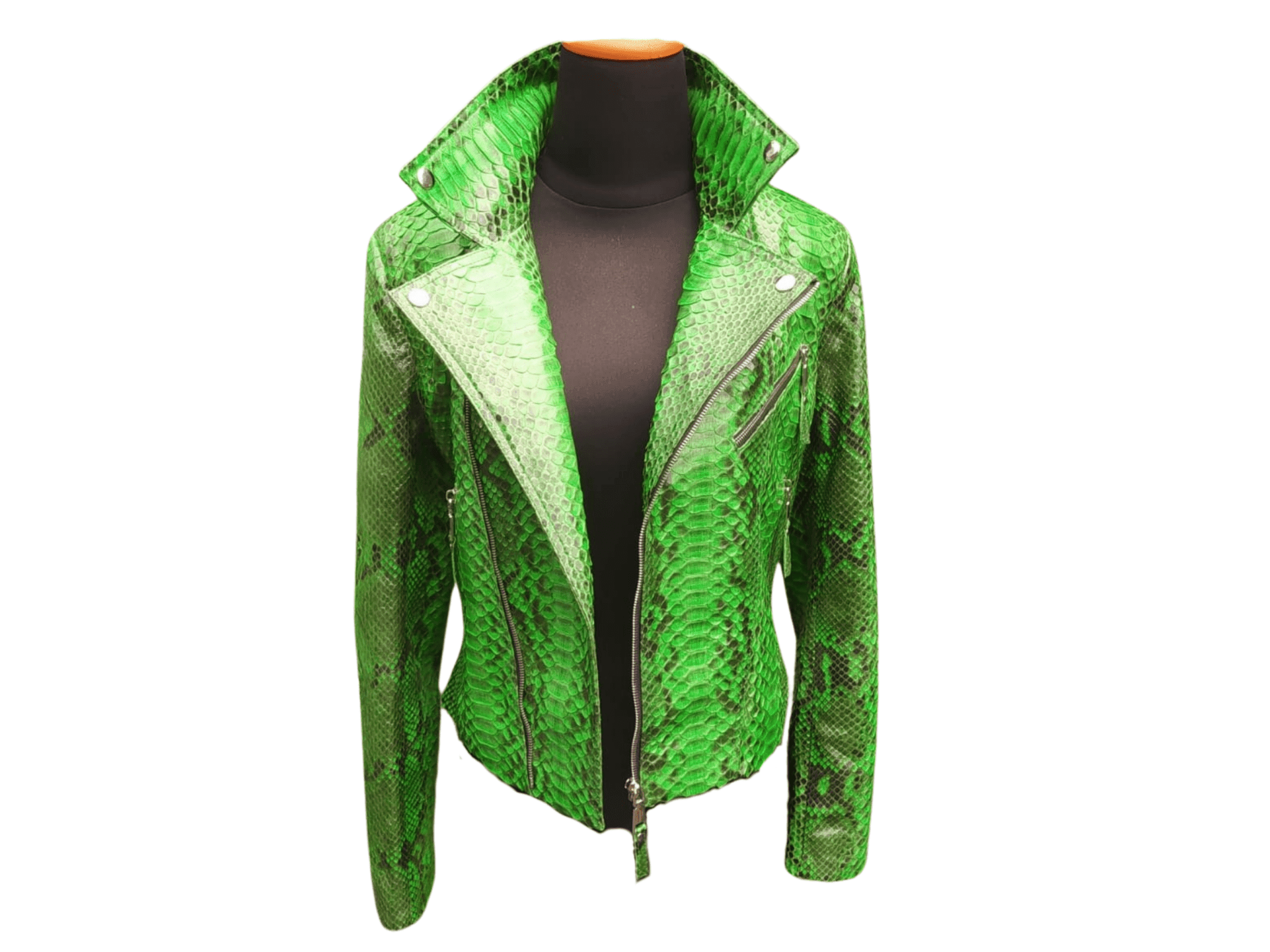 Green snakeskin leather jacket with zip front and pointed lapel collar