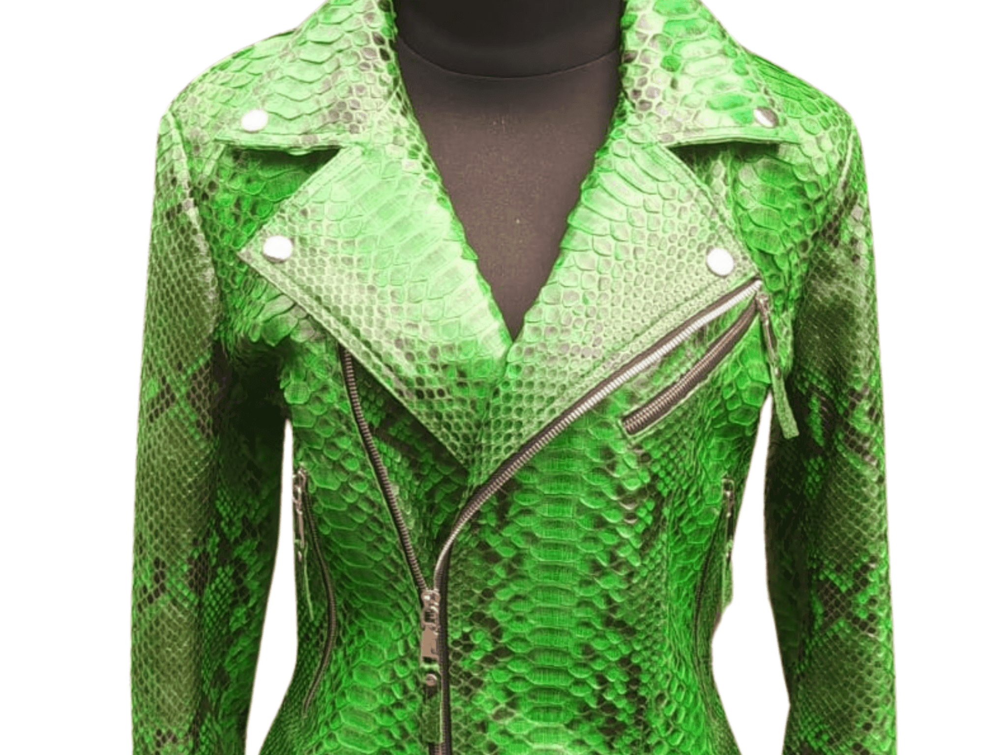 Green snakeskin leather jacket with zip front and pointed lapels, silver buttons