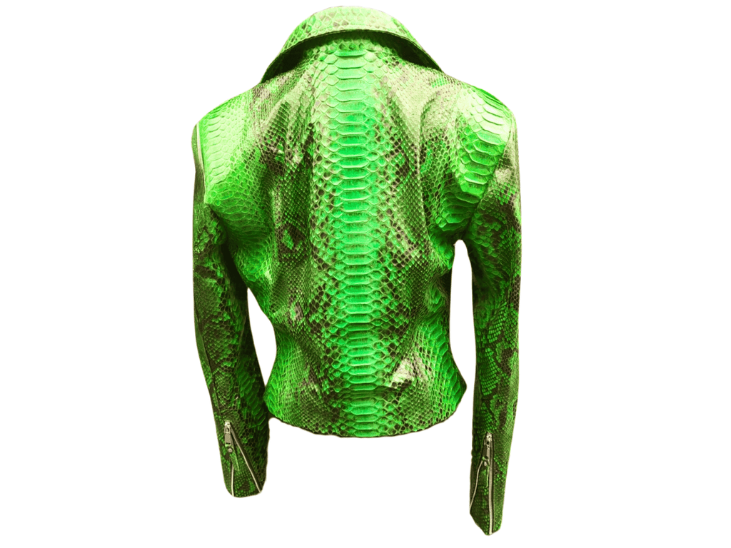 Green snakeskin leather jacket, back view with stand collar and cropped fit