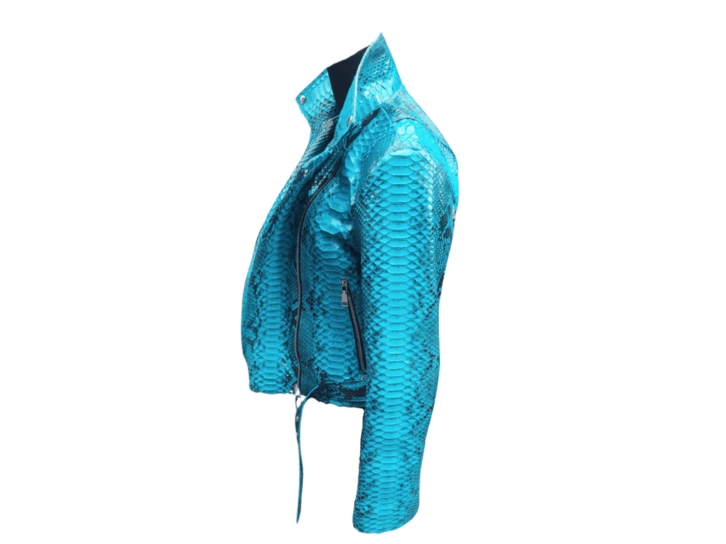 Turquoise snakeskin leather jacket, side view with zip and hanging tie