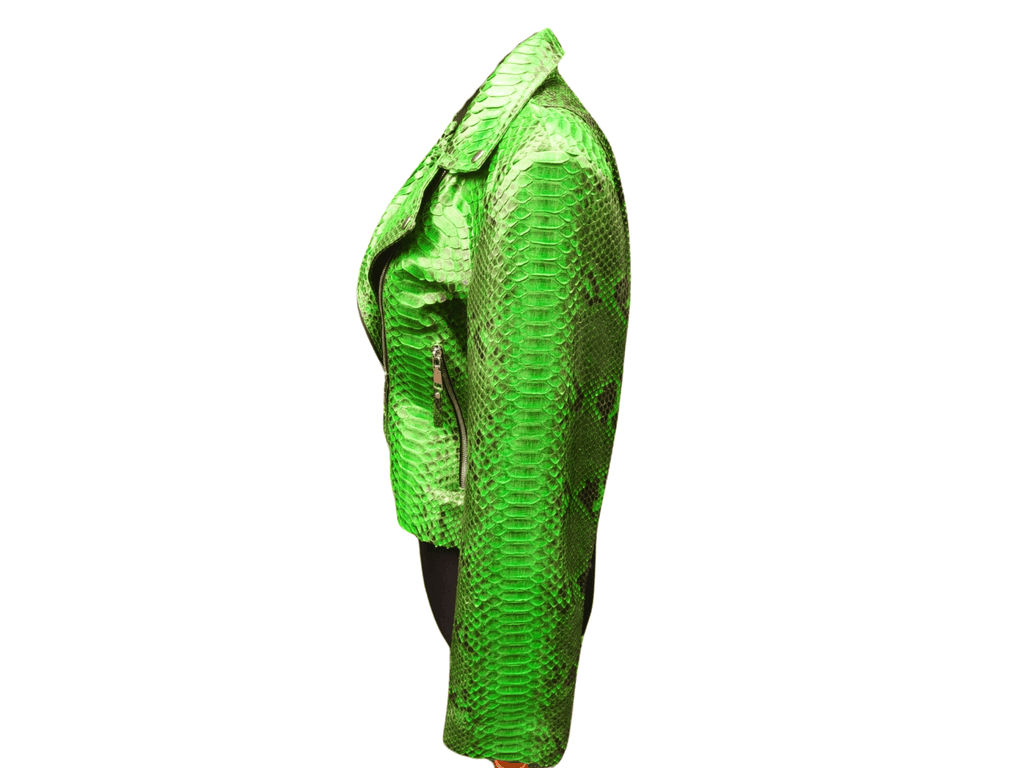 Green snakeskin leather jacket, side/back view with zip and stand collar
