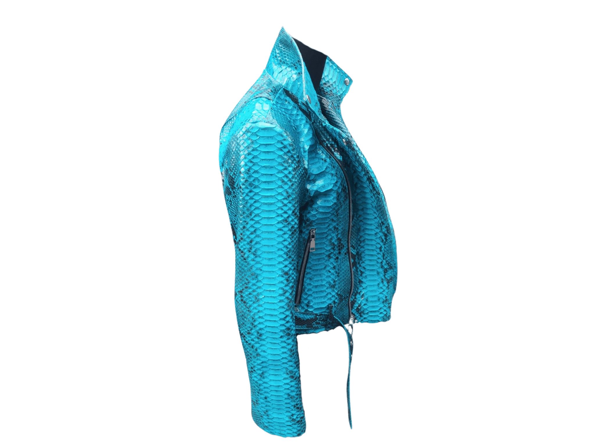 Turquoise snakeskin leather jacket, side view with zip and shoulder panels