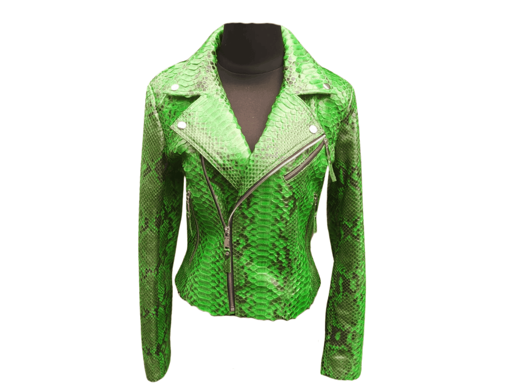 Green snakeskin leather jacket with asymmetrical zip and snap lapels