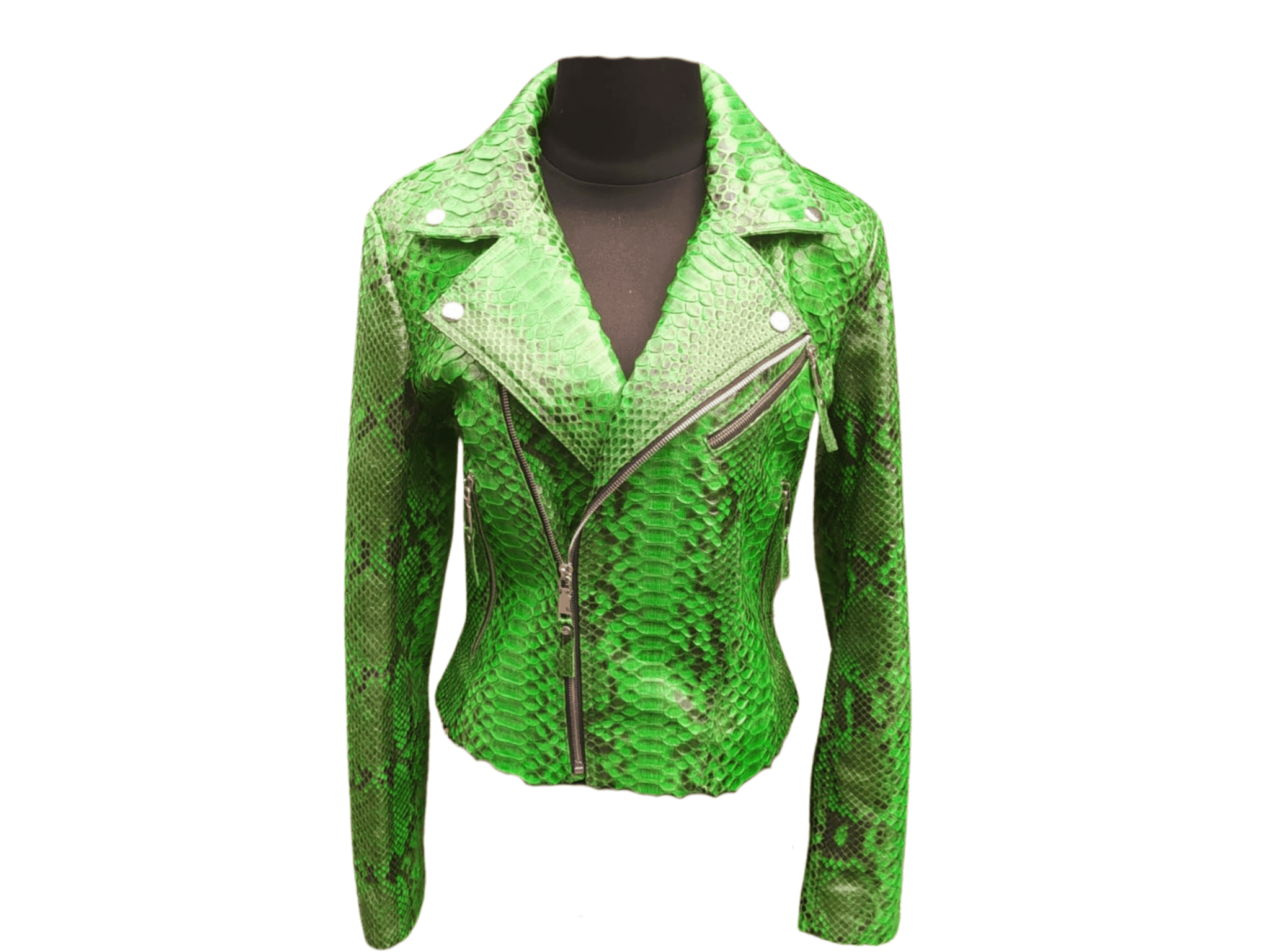 Green snakeskin leather jacket with asymmetrical zip and snap lapels