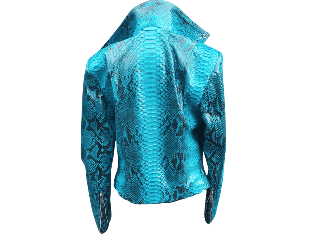 Turquoise snakeskin leather jacket, back view with stand collar
