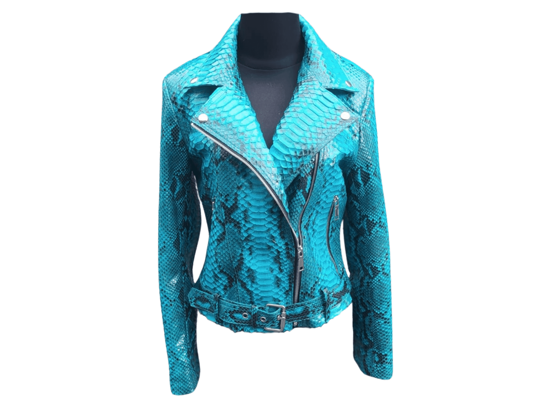 Turquoise snakeskin leather biker jacket with zip front and snap shoulders